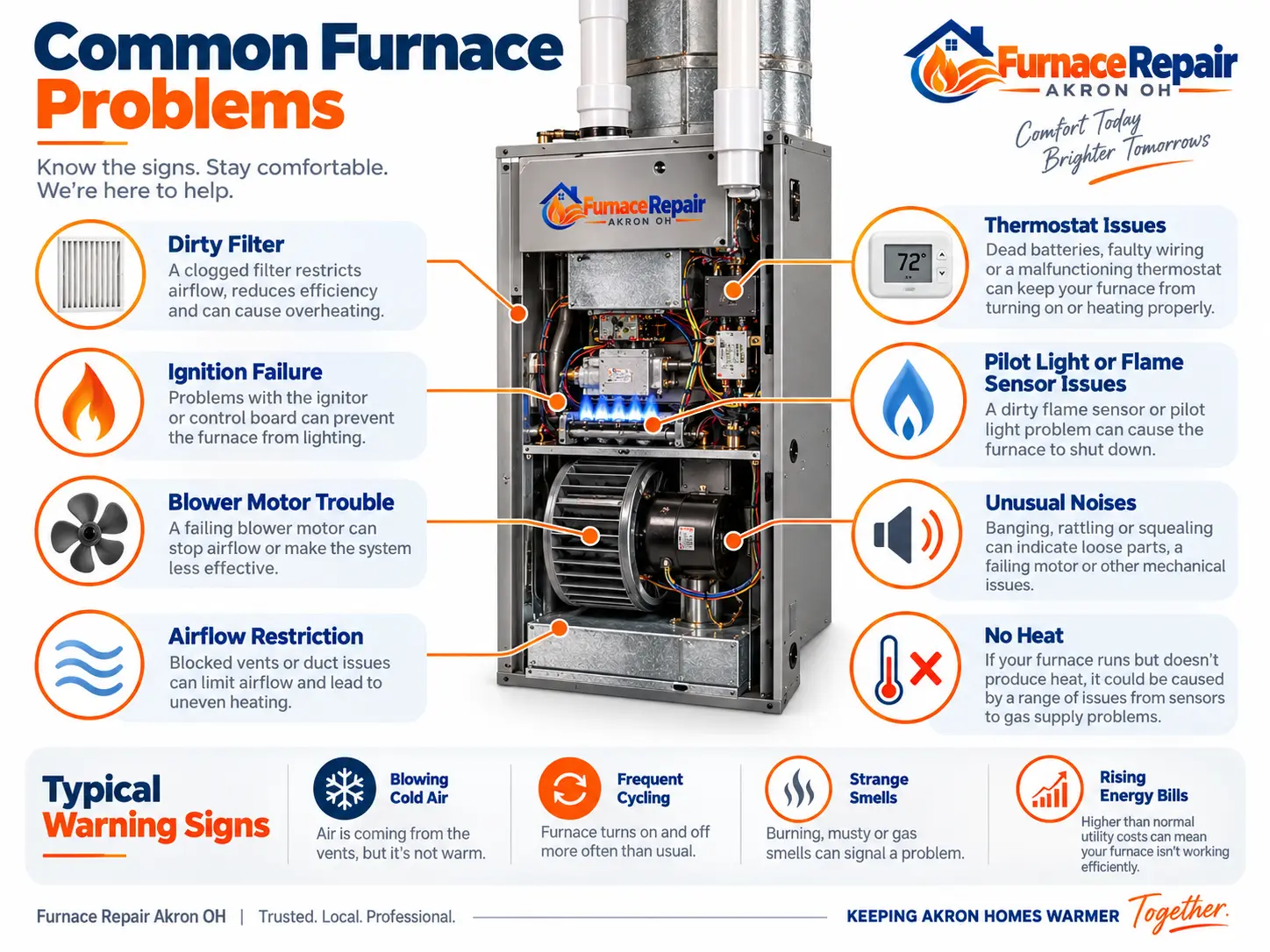 Diagram of common furnace problems including dirty filter, ignition failure, blower trouble and thermostat issues