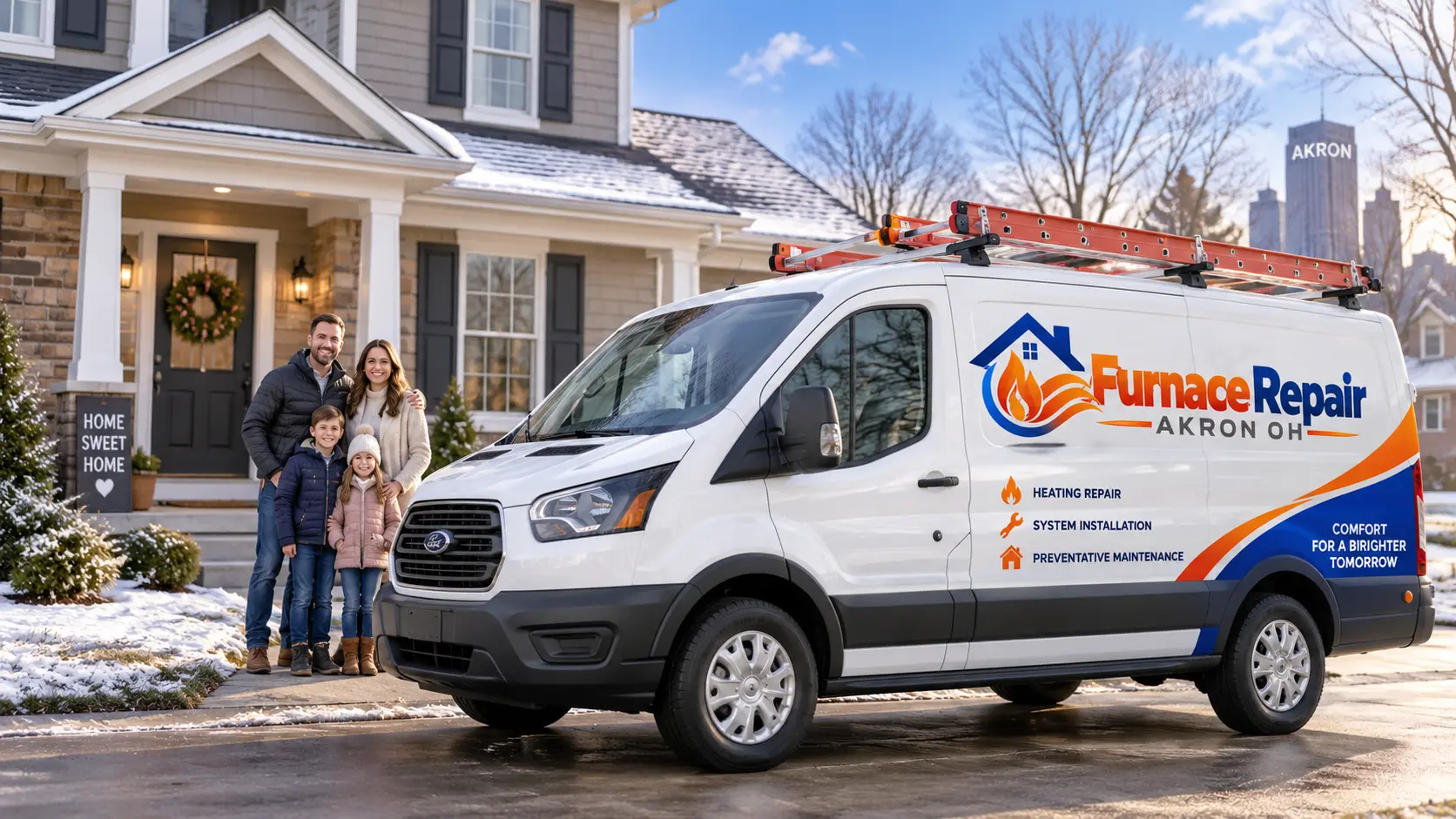 Furnace repair service van outside a residential home in Akron Ohio with a family standing nearby
