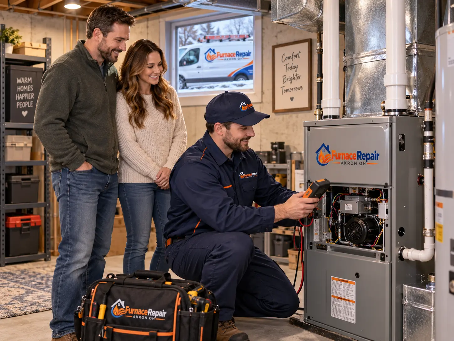 Residential furnace technician performing diagnostic testing while two homeowners watch