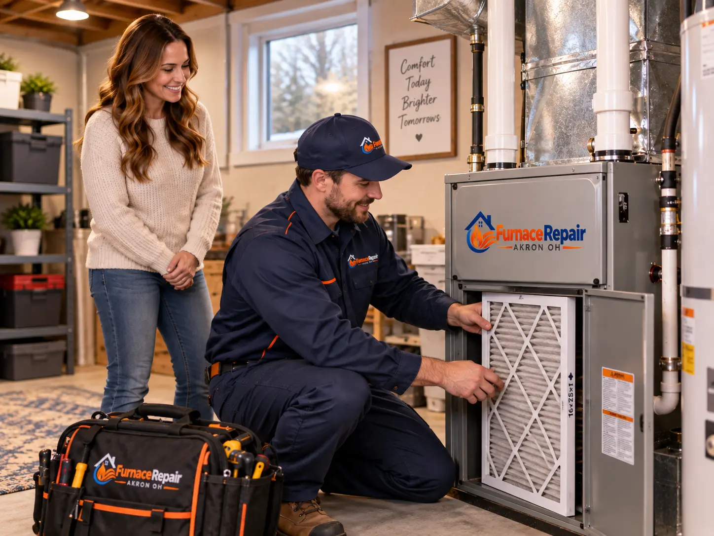Technician replacing a furnace air filter in a basement while a homeowner observes